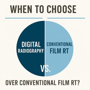 Infographic showing when to choose Digital Radiography over Conventional Film RT in NDT applications