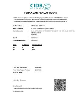 CT Precise Engineering Malaysia CIDB contractor registration certificate