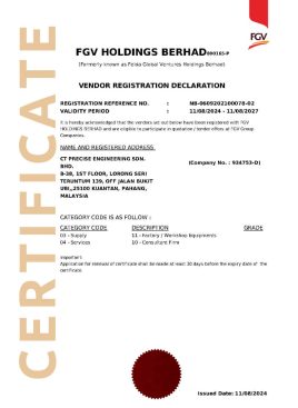 CT Precise Engineering vendor registration approval certificate with FGV Holdings Berhad in Malaysia
