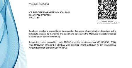 CT Precise Engineering ISO 17020 Accreditation in Malaysia Certificate MIBAS 044 Malaysia