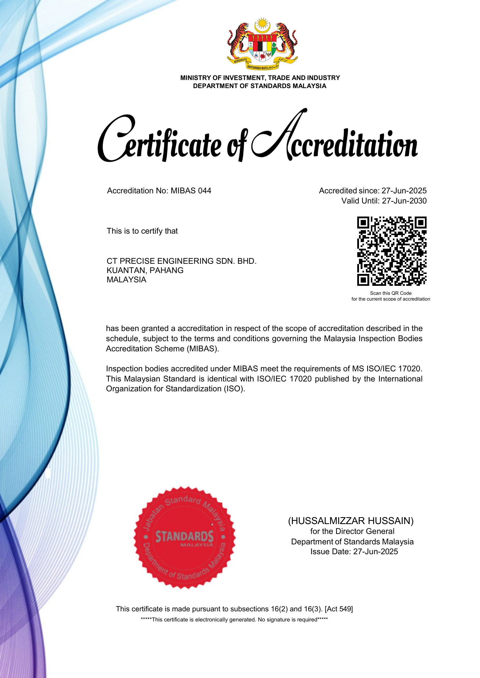 CT Precise Engineering ISO 17020 Accreditation in Malaysia Certificate MIBAS 044 Malaysia