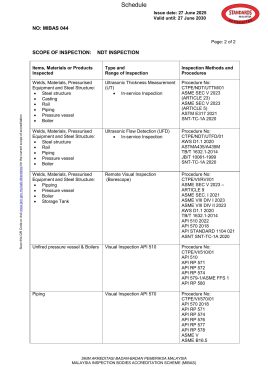 CT Precise Engineering ISO/IEC 17020 MIBAS 044 accreditation scope page 2 covering UTTM, UTFD, Remote Visual Inspection, API 510 and API 570 inspections in Malaysia
