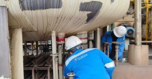 CT Precise Engineering technicians performing pre-inspection and calibration on industrial pressure vessel before DOSH CF renewal in Malaysia