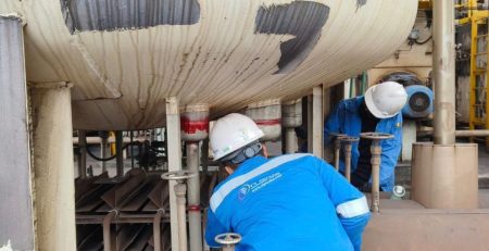 CT Precise Engineering technicians performing pre-inspection and calibration on industrial pressure vessel before DOSH CF renewal in Malaysia