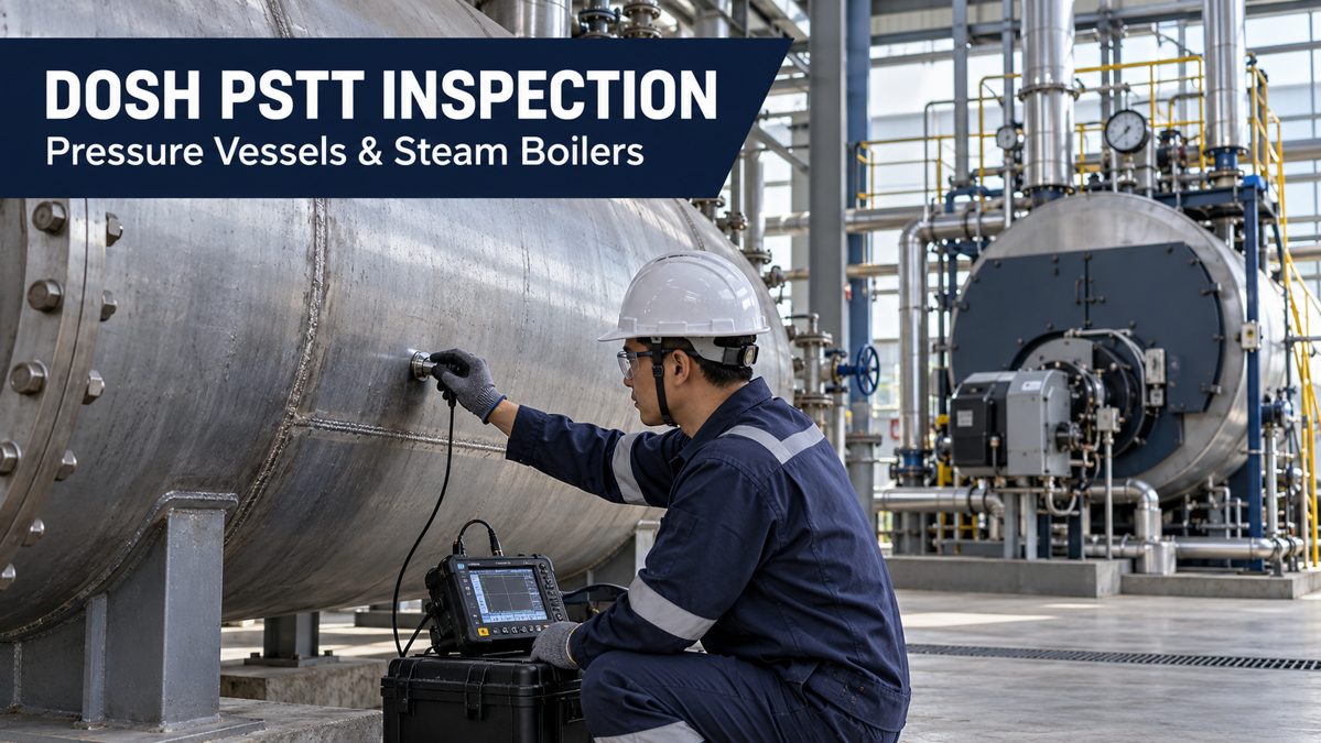 Illustration of ultrasonic thickness inspection on a pressure vessel with a steam boiler in the background.